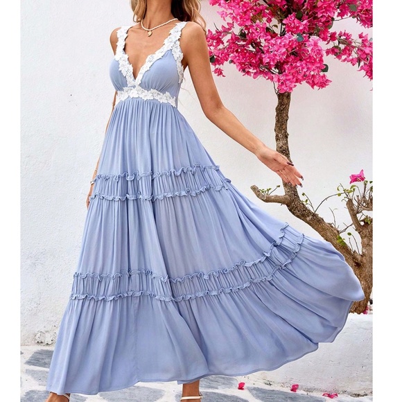 Boho Dusty Blue Lace Detail Flowy Cami Maxi Dress - Picture 1 of 6